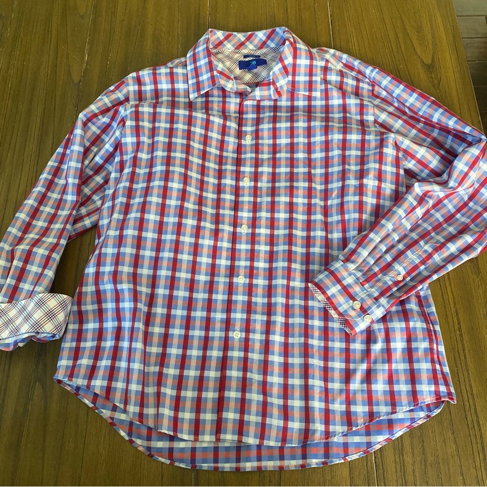 Egara mens checkered plaid red and blue button down shirt